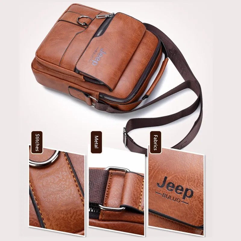 JEEP BULUO Men's Leather Crossbody Bag – Stylish and Durable Shoulder Messenger Bag for Business or Casual Use in Brown, Black, and Khaki