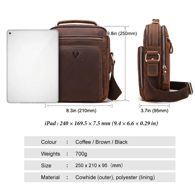 HUMERPAUL Genuine Leather Men's Shoulder Bag - Large Capacity Vintage Messenger Bag for Travel and Daily Use - Coffee, Brown, Black