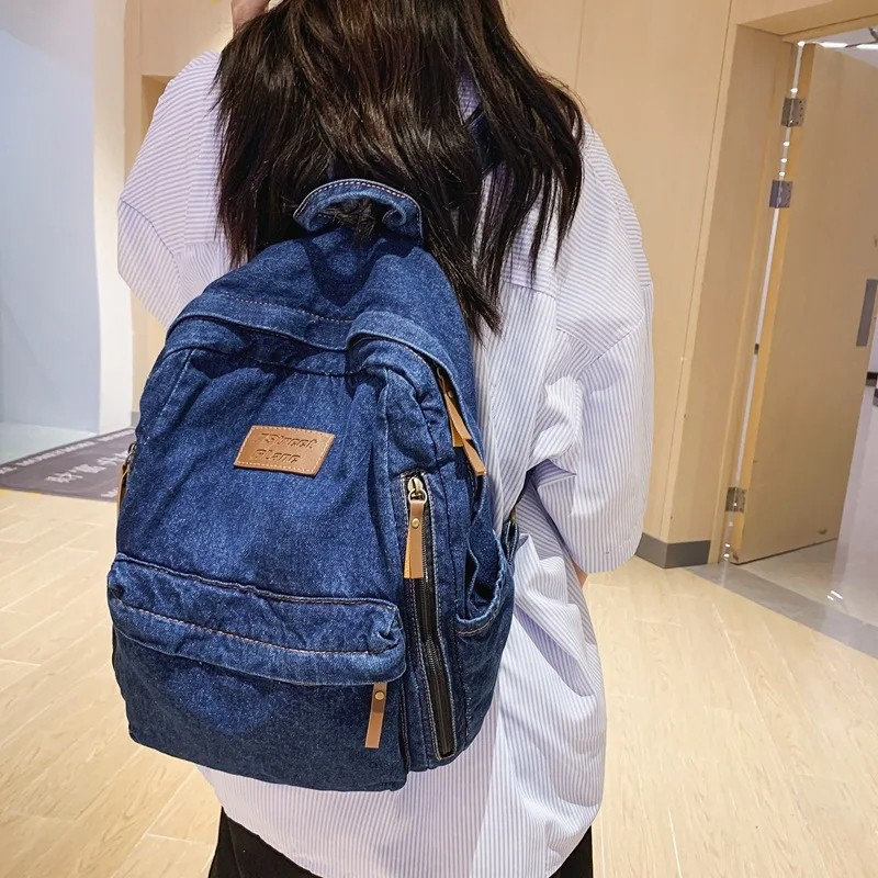 Trendy Denim School Backpack for Women – Large Capacity, Multi-Pocket Student Rucksack