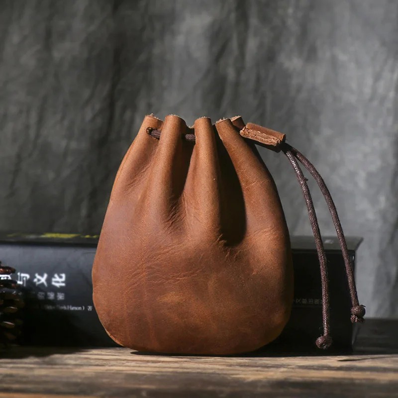 Vintage Leather Coin Purse – Genuine Handmade Drawstring Pouch for Men & Women, Compact Storage Bag – Brown, Black, Camel Colors