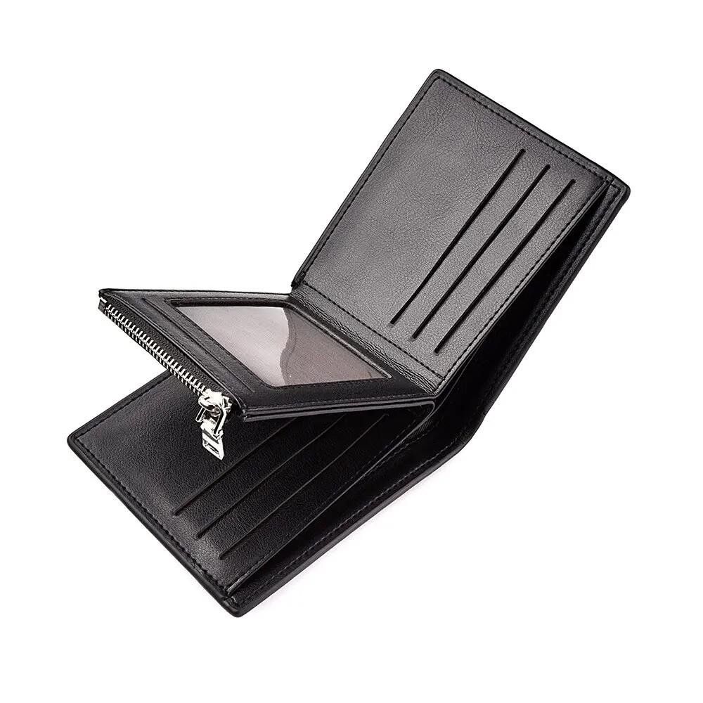 Men's Slim Leather Wallet with Multi-Function Card Holder, Zipper Coin Pocket, and Stylish Geometric Design - Available in Black, Dark Brown, and Light Brown