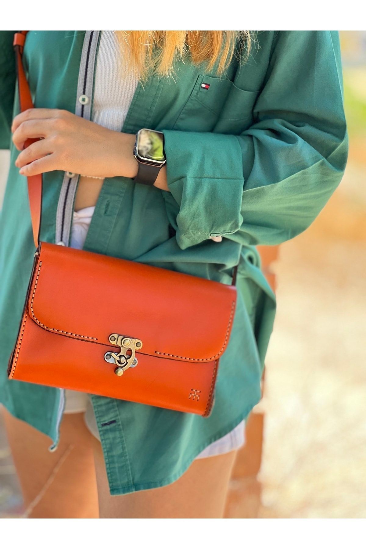 Kuşadası Heritage Crossbody – 100% Genuine Leather Handcrafted Shoulder Bag in Orange by HappyNear Exclusive