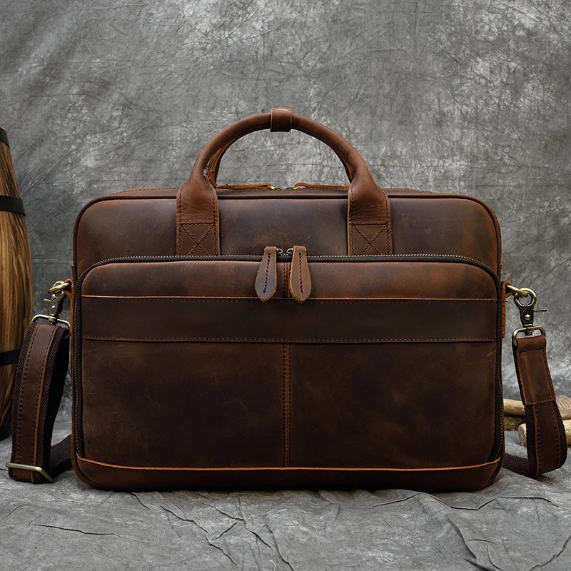 Retro Leather Laptop Briefcase Bag - Genuine Leather 15.6" Business Tote for Men in Dark Brown, Light Brown, and Black