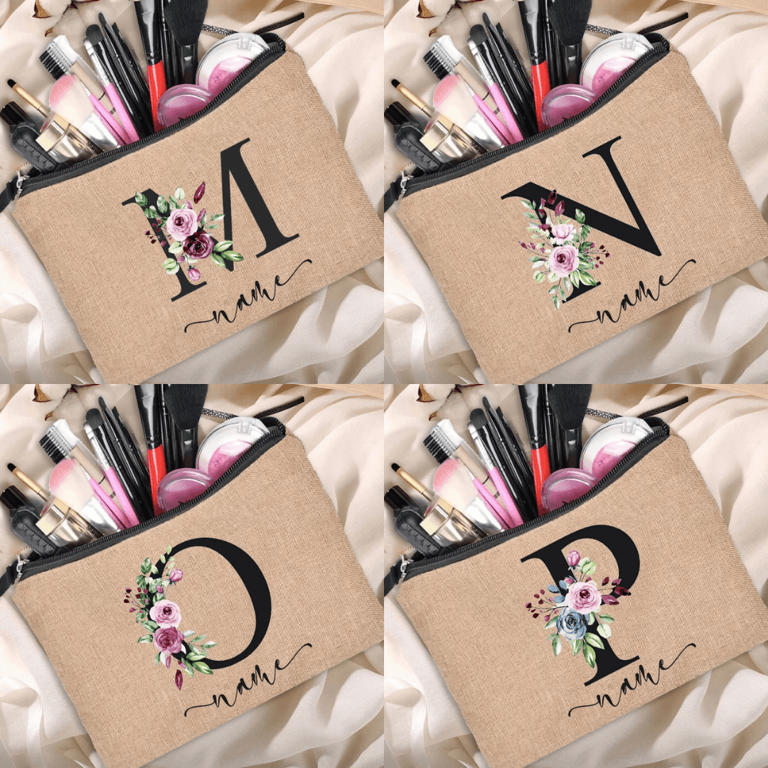 Personalized Linen Makeup Bag - Custom Name Bridesmaid Clutch, Travel Cosmetic Pouch, Bachelor Party Gift