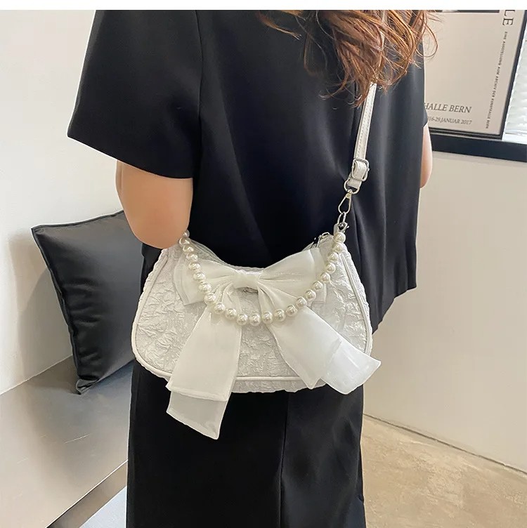 Retro Luxury Pearl Bow Handbag - Designer Crossbody Canvas Shoulder Bag for Women Trend Handbag