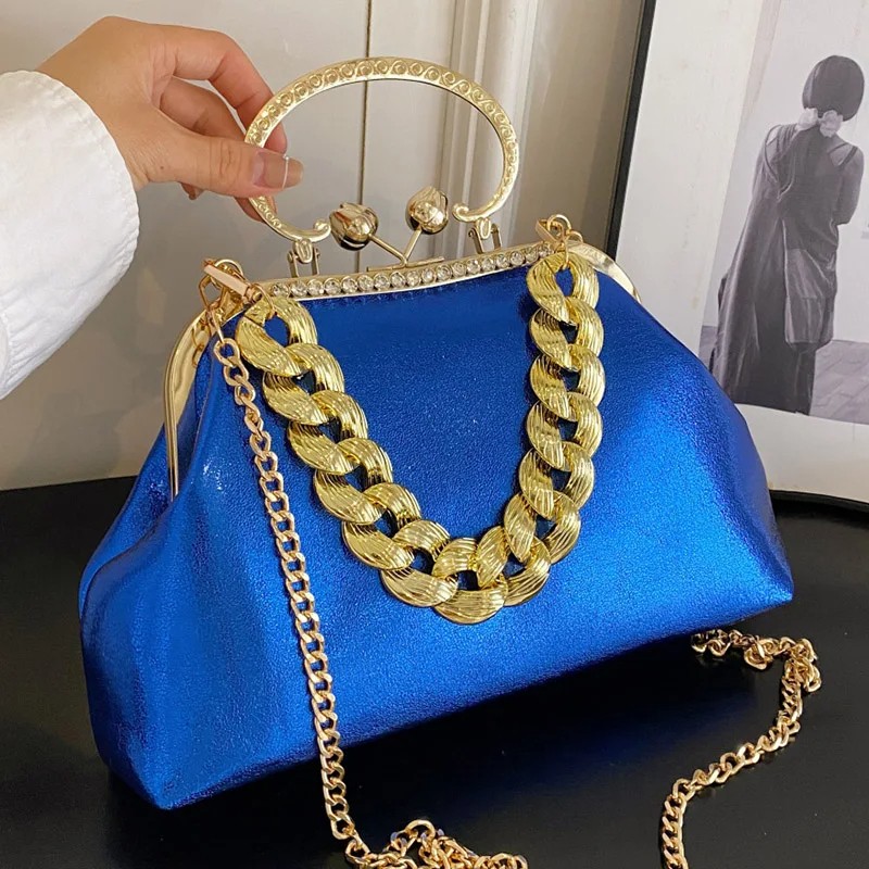 Luxury Leather Women's Bag with Gold Chain - Designer Clutch Bag with PU Leather Shell Clasp for Women