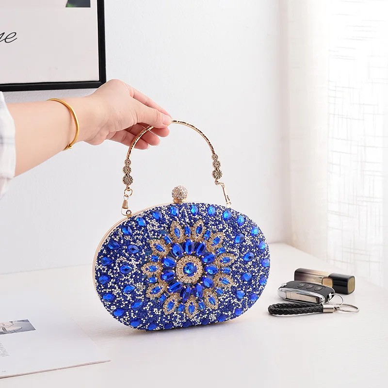 Luxury Flower Diamond Evening Clutch Bag for Women – Elegant Wedding and Party Handbag with Metal Handle & Chain