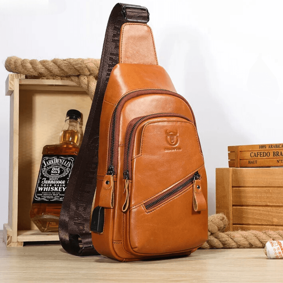 BullCaptain Men's Genuine Leather Chest Bag with USB Charging Port - Stylish, Large Capacity Crossbody Shoulder Bag