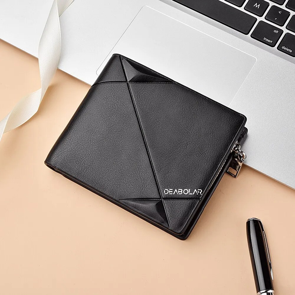 Men's Slim Leather Wallet with Multi-Function Card Holder, Zipper Coin Pocket, and Stylish Geometric Design - Available in Black, Dark Brown, and Light Brown