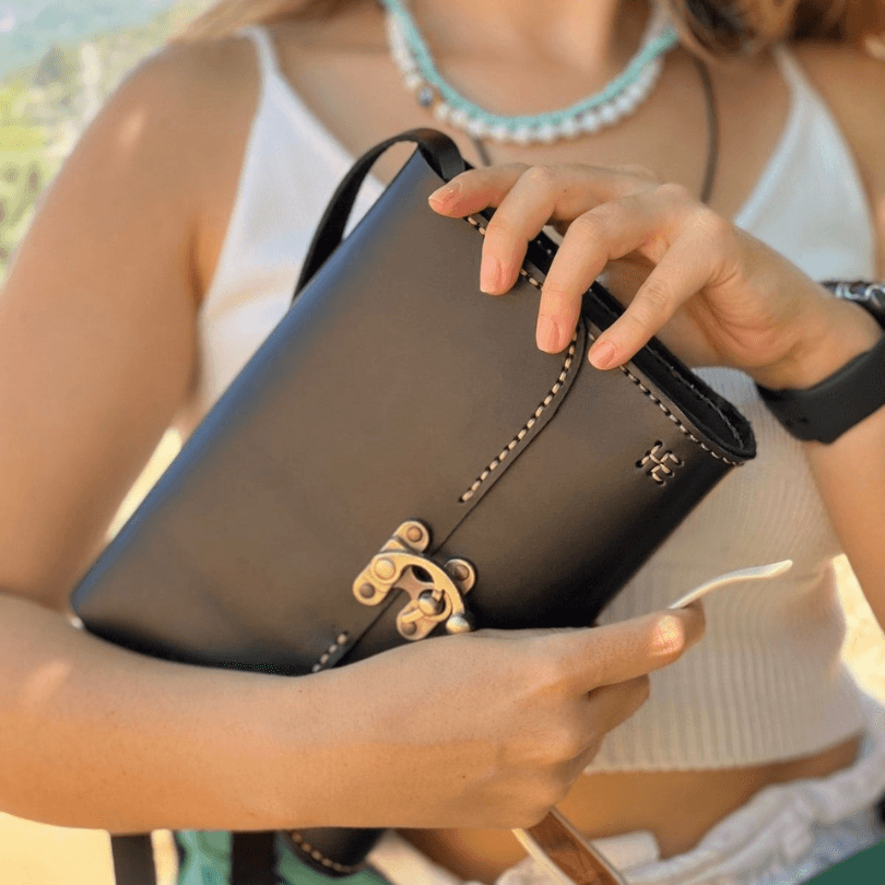 Kuşadası Heritage Crossbody – 100% Genuine Leather Handcrafted Shoulder Bag in Black by HappyNear Exclusive