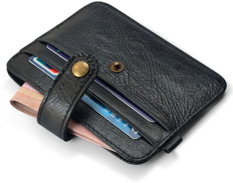 Men’s Genuine Leather Slim Wallet – Minimalist Card Holder with Snap Closure in Black and Brown