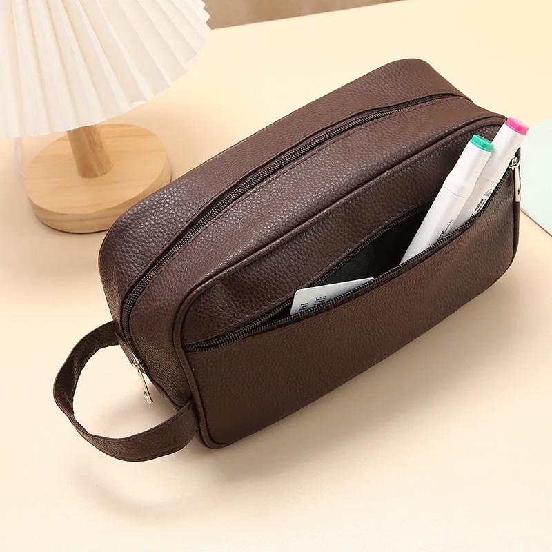 Men's Waterproof Toiletry Travel Bag - PVC Lychee Pattern Dopp Kit Organizer with Handle & Zipper Closure