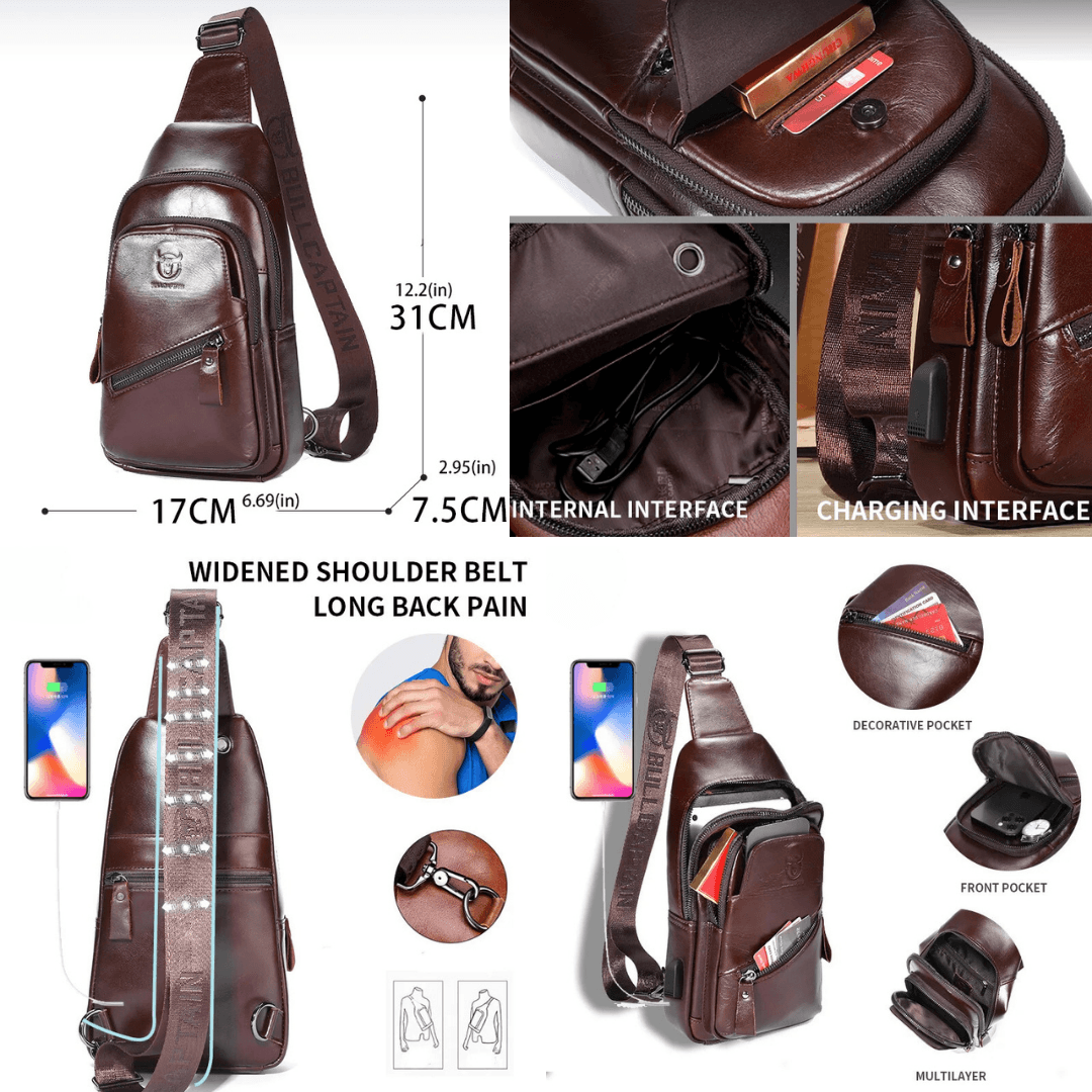 BullCaptain Men's Genuine Leather Chest Bag with USB Charging Port - Stylish, Large Capacity Crossbody Shoulder Bag