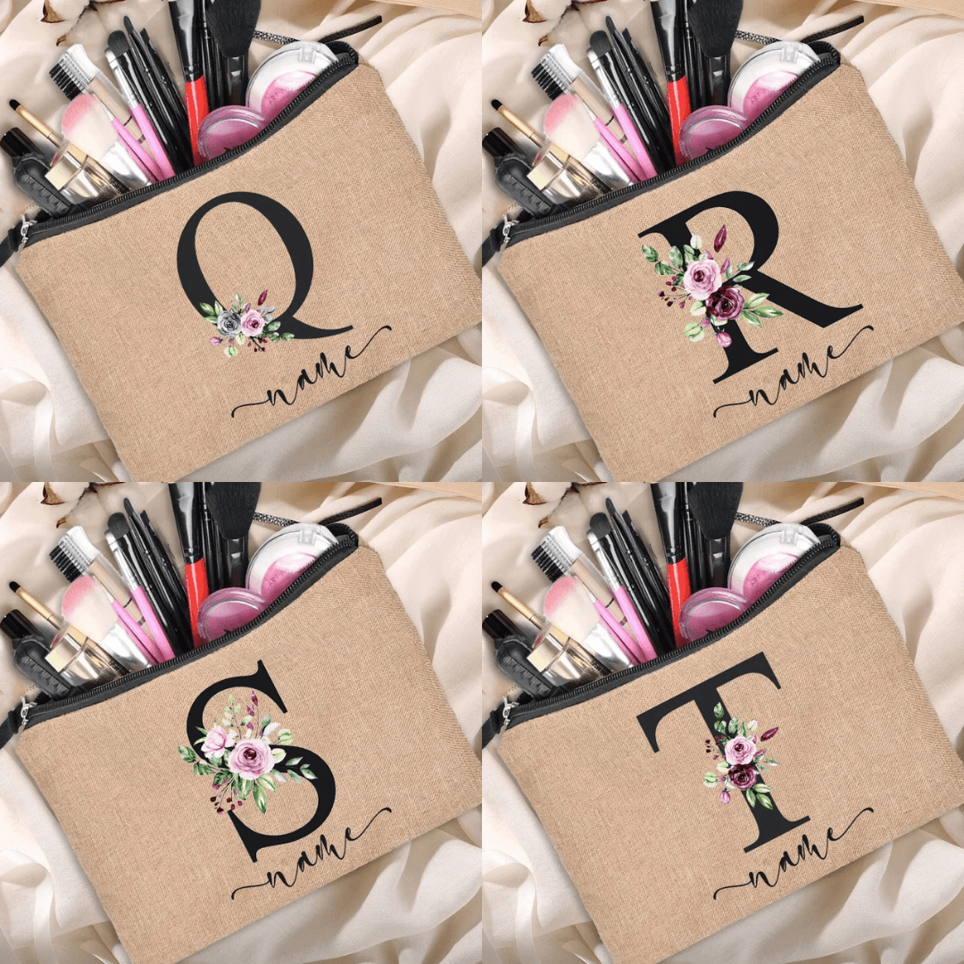 Personalized Linen Makeup Bag - Custom Name Bridesmaid Clutch, Travel Cosmetic Pouch, Bachelor Party Gift