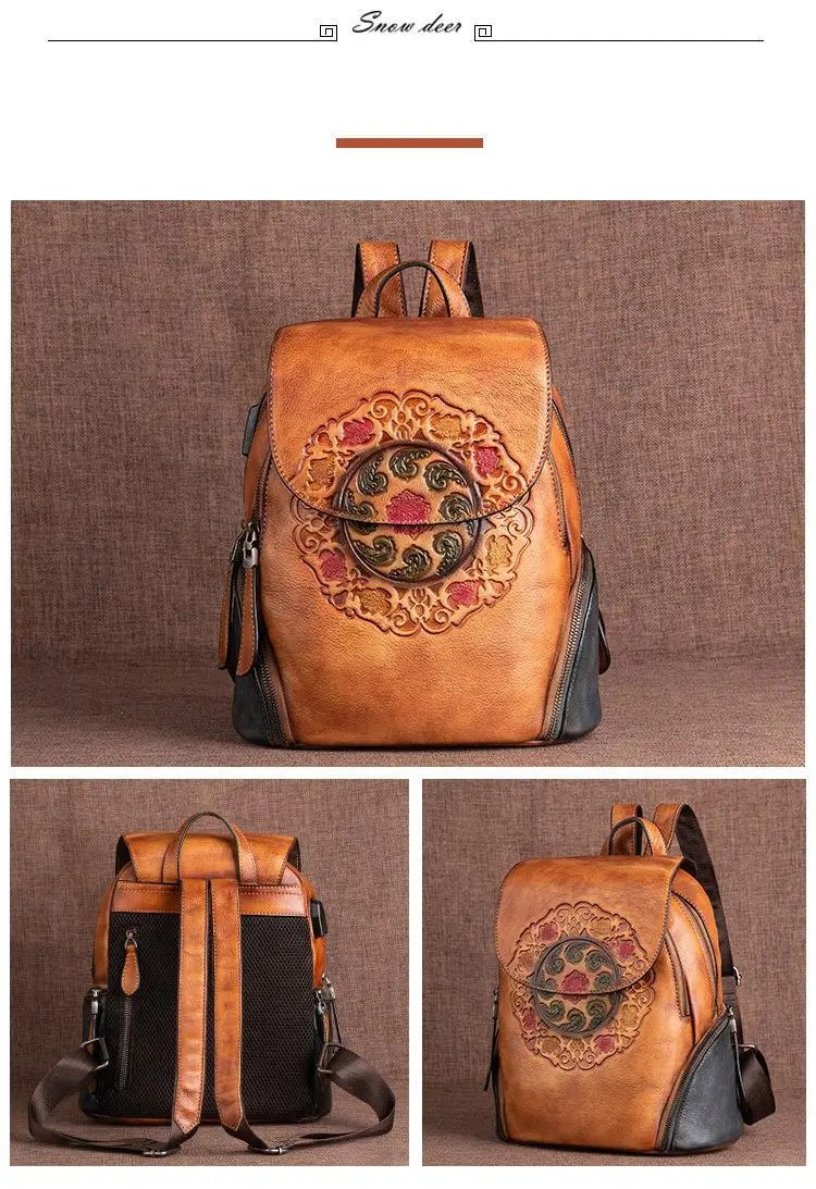 Retro Leather Embossed Vintage Backpack for Women – Genuine Handmade Designer Bag | Large Capacity, Unique Style – Available on HappyNear.com