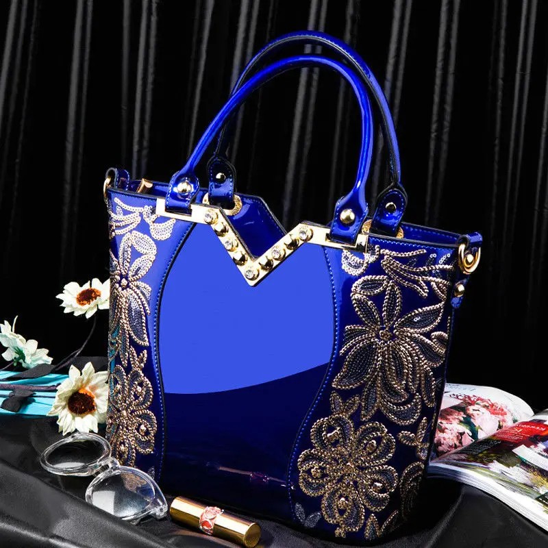 Luxury Women's Patent Leather Embroidered Tote Bag – High-Quality Fashion Flower Diamond Shoulder Bag for Formal and Everyday Use