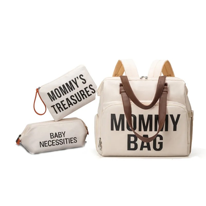 3-Piece Mommy Bag Set - Large Capacity Diaper Bag with Baby Necessities Organizer & Travel Backpack for Parents, Beige