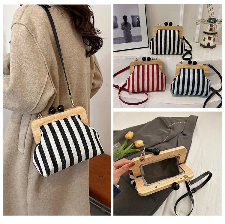 Vintage Striped Frame Clutch Bag - Chic Wooden Handle Crossbody Purse for Women