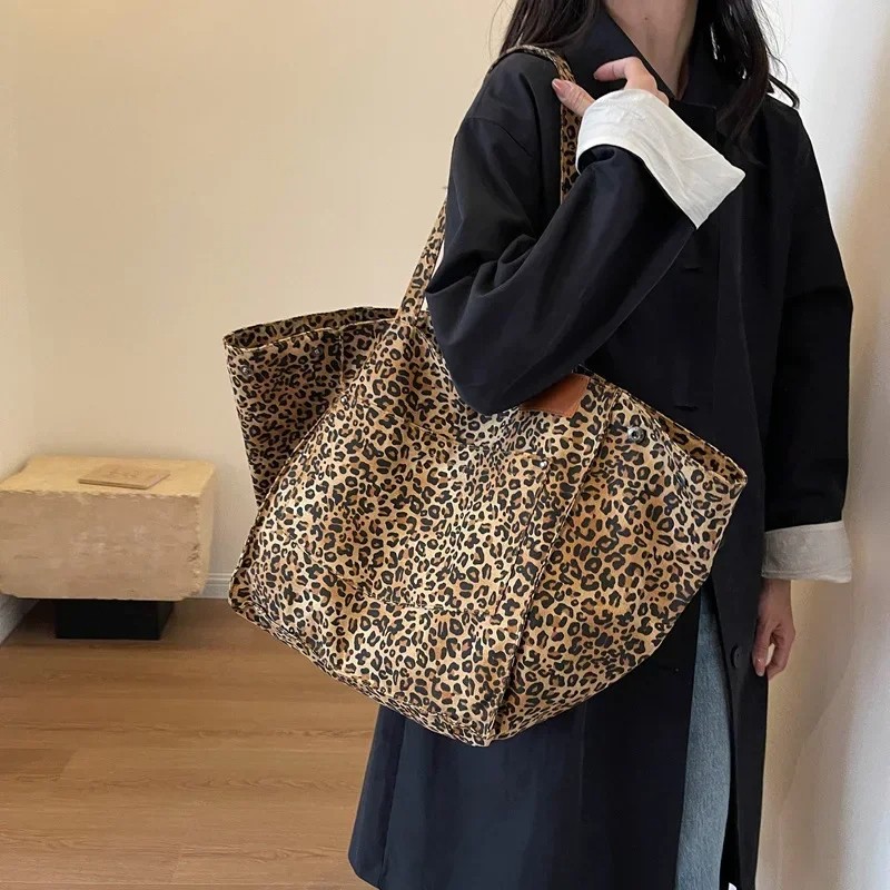 Leopard Print Large Tote Bag - Korean Fashion Shoulder Bag for Women - Black and Brown Variants