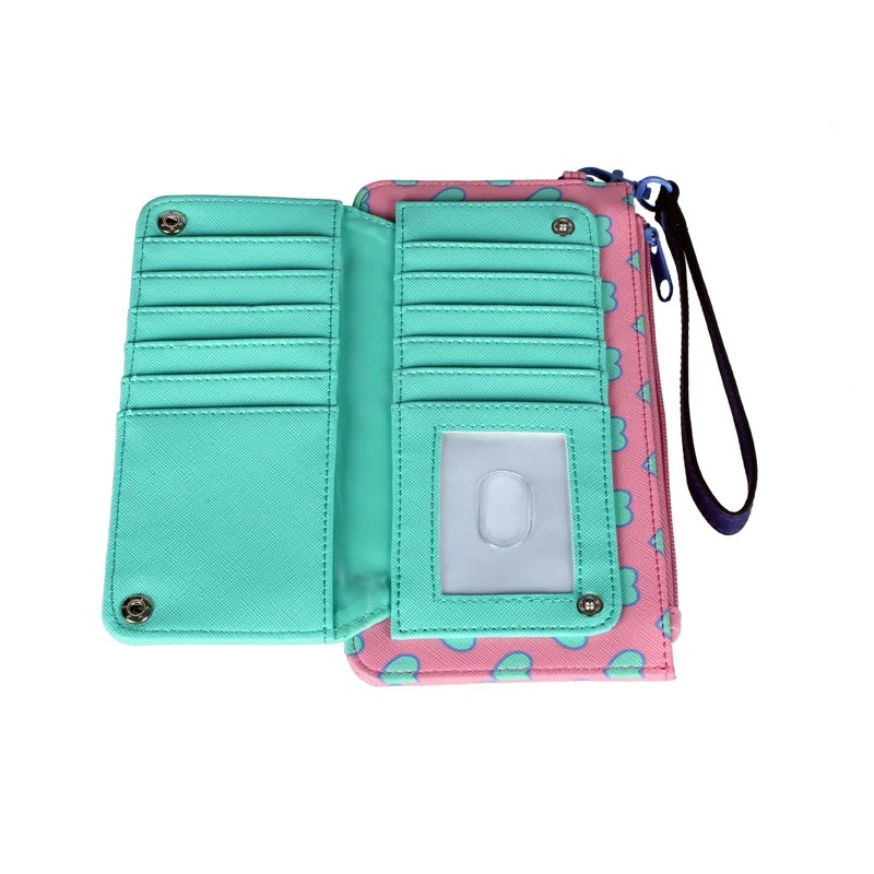 Kawaii Fold Long Wallet for Women - Cute Card Holder Cartoon Design with Zipper Pocket in Pink & Mint Green