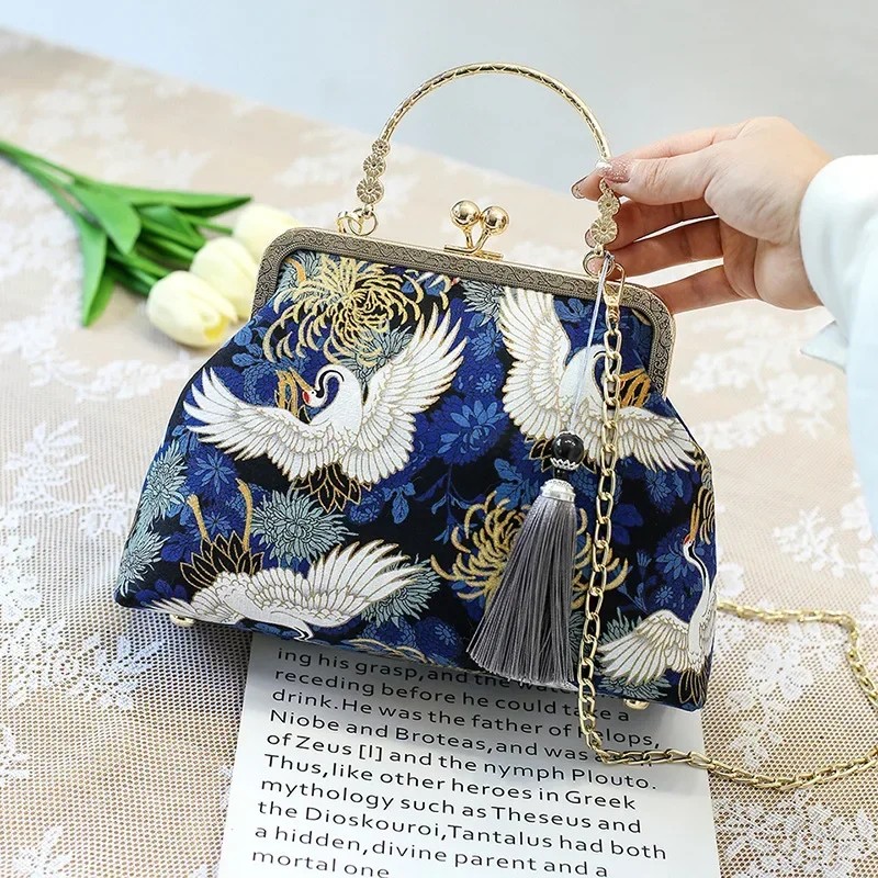 Luxury Embroidered Vintage Fringe Handbag with Crane Design – Women's Shell Purse in Blue & Black Variants