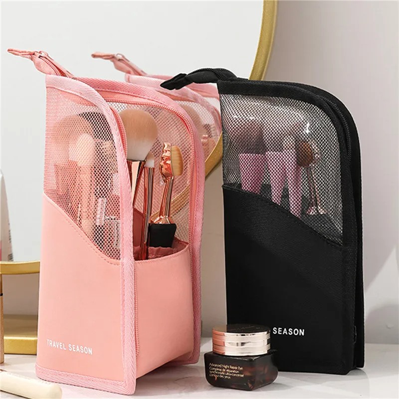 Stand-up Foldable Makeup Brush Holder Bag – Waterproof Travel Cosmetic Case (Black + Pink)