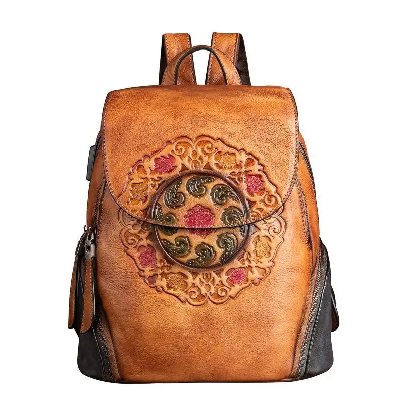 Retro Leather Embossed Vintage Backpack for Women – Genuine Handmade Designer Bag | Large Capacity, Unique Style – Available on HappyNear.com