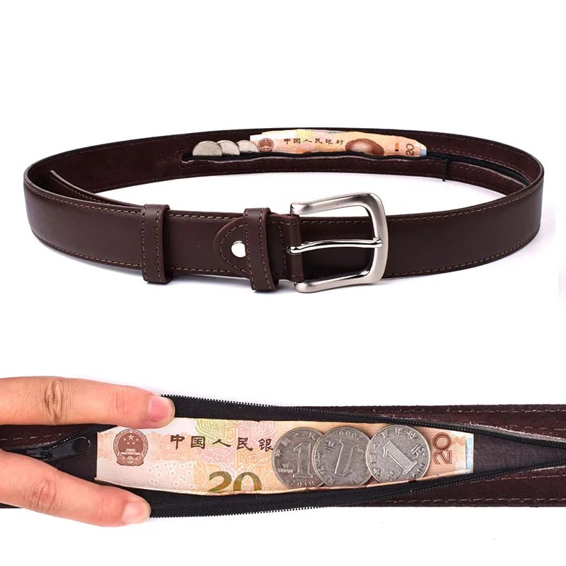 PU Leather Hidden Money Belt – Anti-Theft Security Waist Strap for Men & Women in Black and Brown