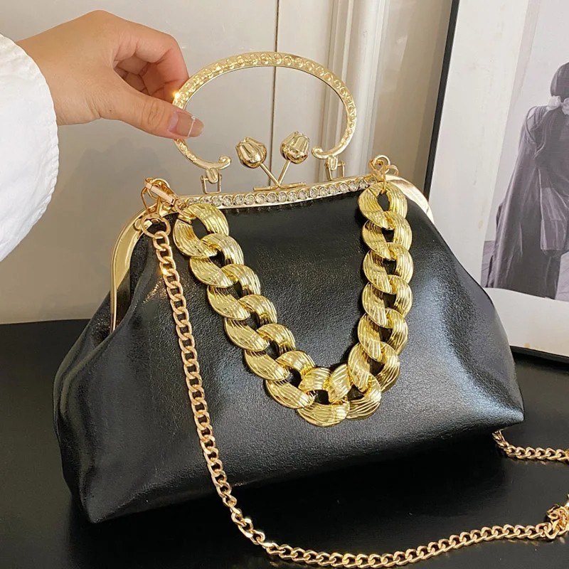 Luxury Leather Women's Bag with Gold Chain - Designer Clutch Bag with PU Leather Shell Clasp for Women