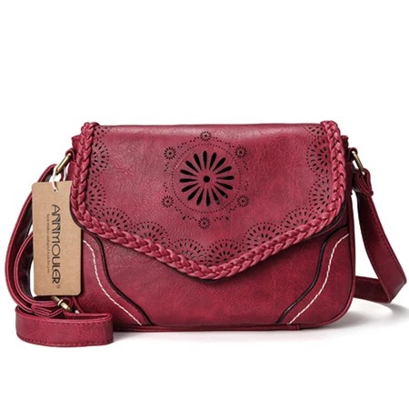 Women's Crossbody Bag - Vintage PU Leather Handbag with Hollow-Out Design - Wine, Black, Pink, Red Variants