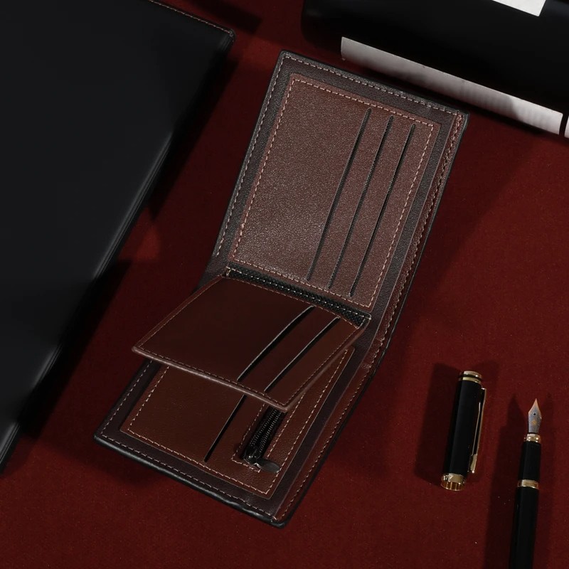 Men’s Classic PU Leather Wallet – Multi-Functional, Slim Design with Card and Cash Slots in Coffee, Brown, and Dark Blue