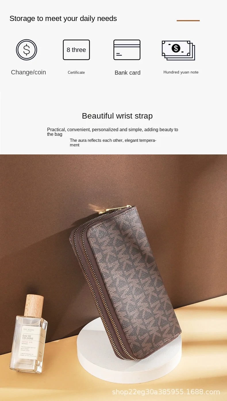 Double Zipper Long Clutch Wallet for Women - PU Leather, Wristlet Design, Large Capacity - Coffee