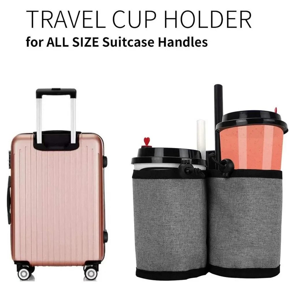 Travel Luggage Cup Holder – Durable & Versatile Double Drink Holder for Suitcase Handles – Black, Gray