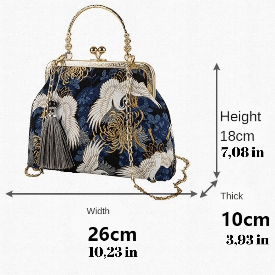 Luxury Embroidered Vintage Fringe Handbag with Crane Design – Women's Shell Purse in Blue & Black Variants