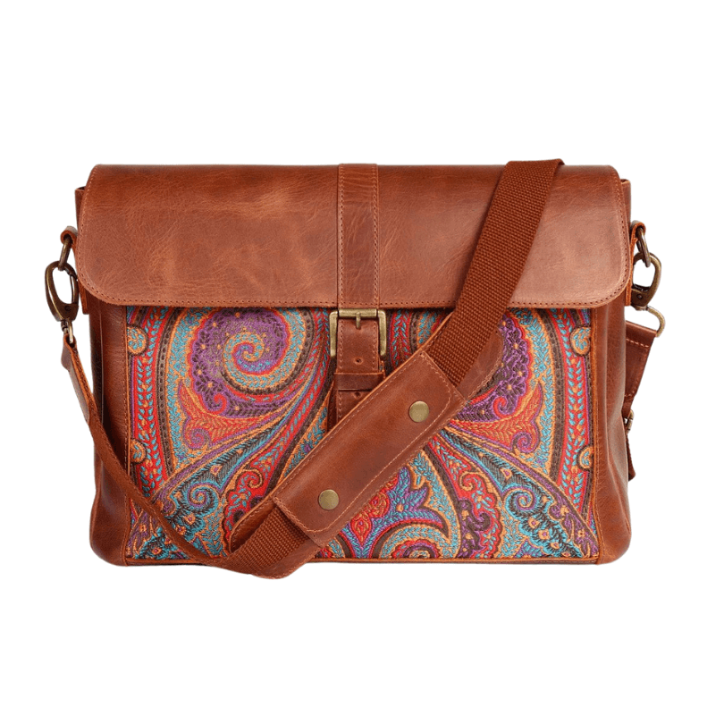 Antalya Harmony Crossbody – Premium Leather Laptop-Compatible Shoulder Bag in Brown Paisley by HappyNear Exclusive