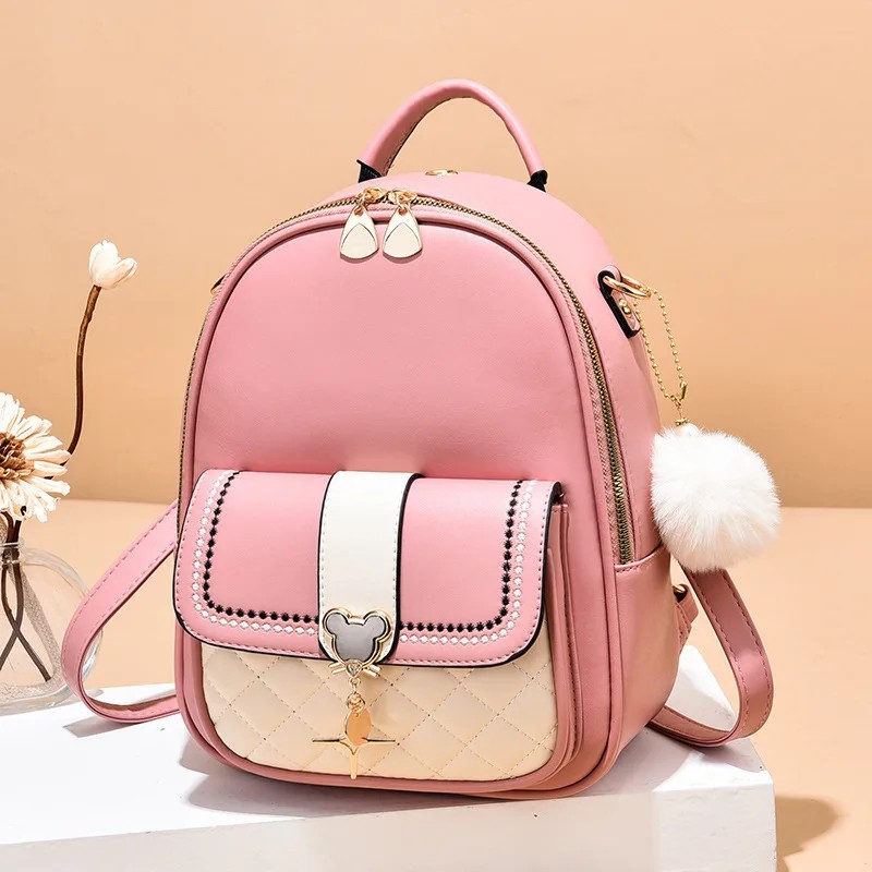 Chic Color-Blocked Mini Backpack with Adjustable Straps and Decorative Charm | Stylish Women’s Travel Bag