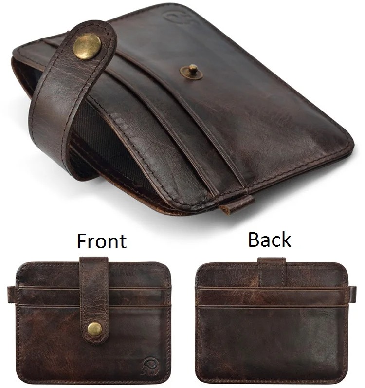 Men’s Genuine Leather Slim Wallet – Minimalist Card Holder with Snap Closure in Black and Brown