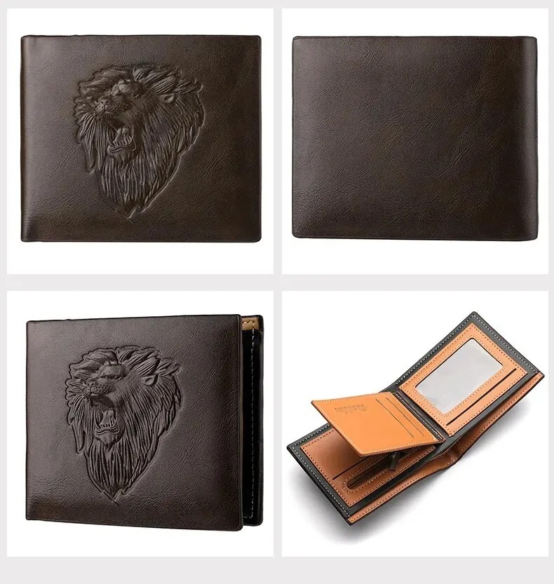 Men's Embossed 3D Lion PU Leather Tri-Fold Wallet – Multi-Card Holder with Zipper Pocket in Black, Brown, and Dark Brown