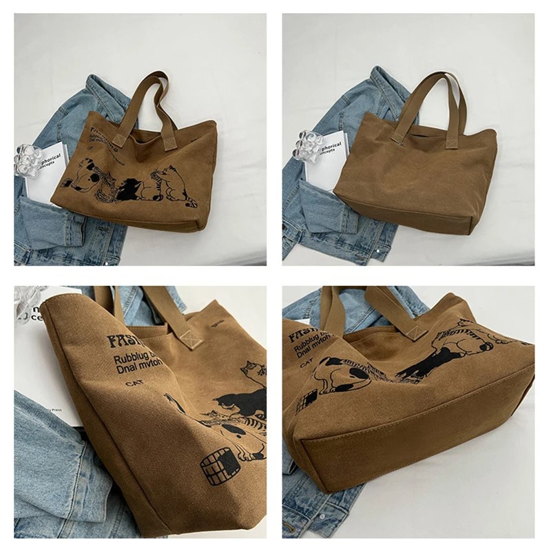 Canvas Tote Bag with Cat Print - Large Capacity Casual Shoulder Bag for Women - Beige, Black, Brown, Khaki Variants