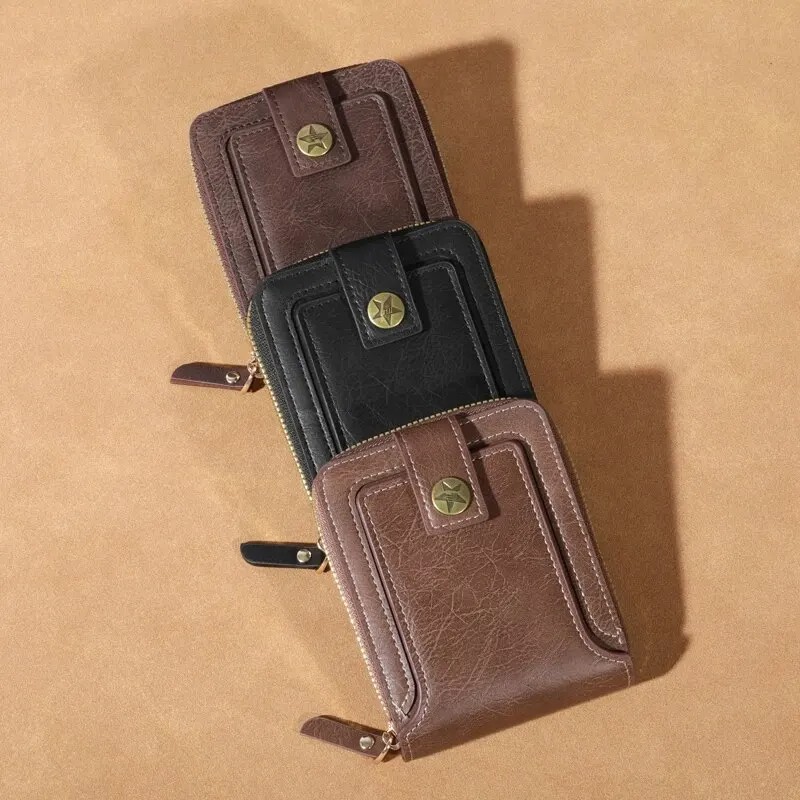 Men’s Compact PU Leather Zipper Wallet – Multi-Card Holder with Coin Pocket in Black, Coffee, and Brown