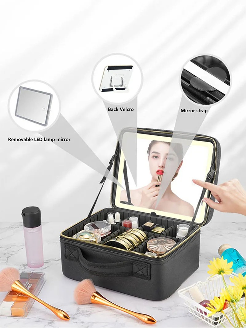 Smart LED Makeup Case with Mirror - Travel Cosmetic Organizer with Adjustable Dividers, USB Charging Port, and Large Capacity Storage (Pink/Black)