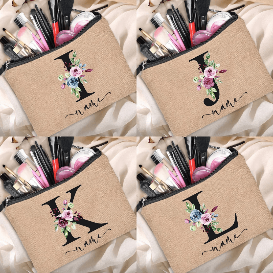 Personalized Linen Makeup Bag - Custom Name Bridesmaid Clutch, Travel Cosmetic Pouch, Bachelor Party Gift