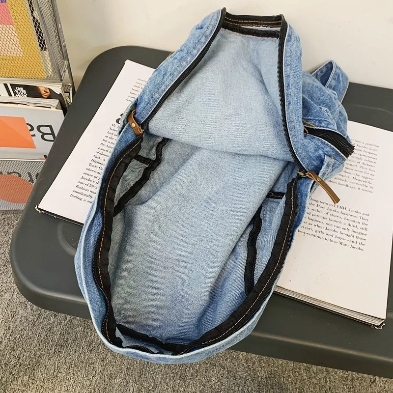 Trendy Denim School Backpack for Women – Large Capacity, Multi-Pocket Student Rucksack