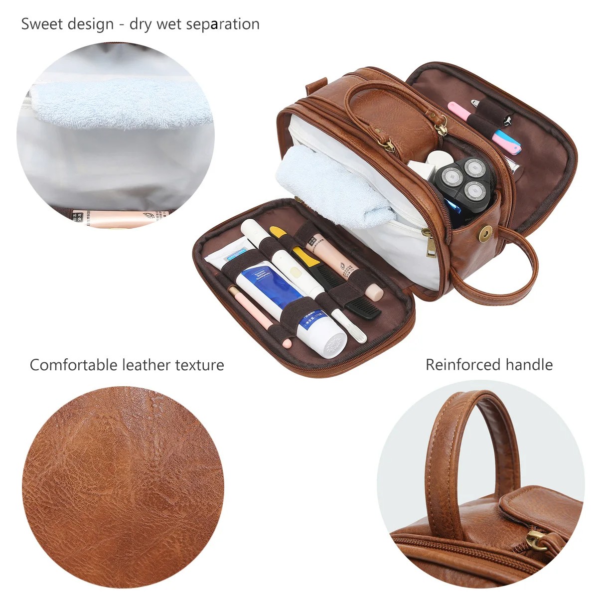 Multi-Pocket Waterproof Travel Toiletry Bag for Men & Women - PU Leather Hanging Makeup Organizer Bag with Large Capacity