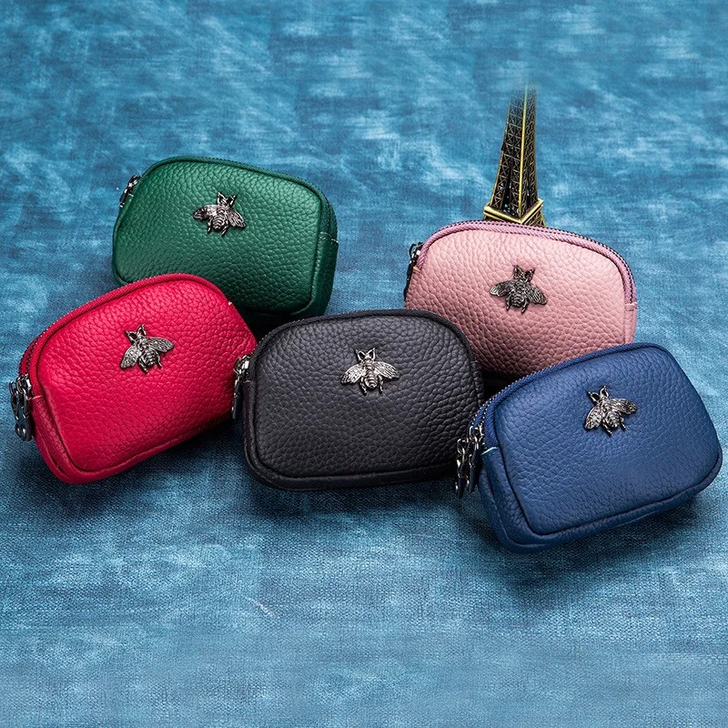 Women’s Genuine Leather Double Zipper Coin Purse - Bee Design, Compact & Stylish Wallet - Available in Black, Red, Green, Blue, and Pink