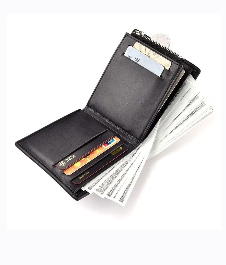Men's Slim Leather Wallet with Multi-Function Card Holder, Zipper Coin Pocket, and Stylish Geometric Design - Available in Black, Dark Brown, and Light Brown
