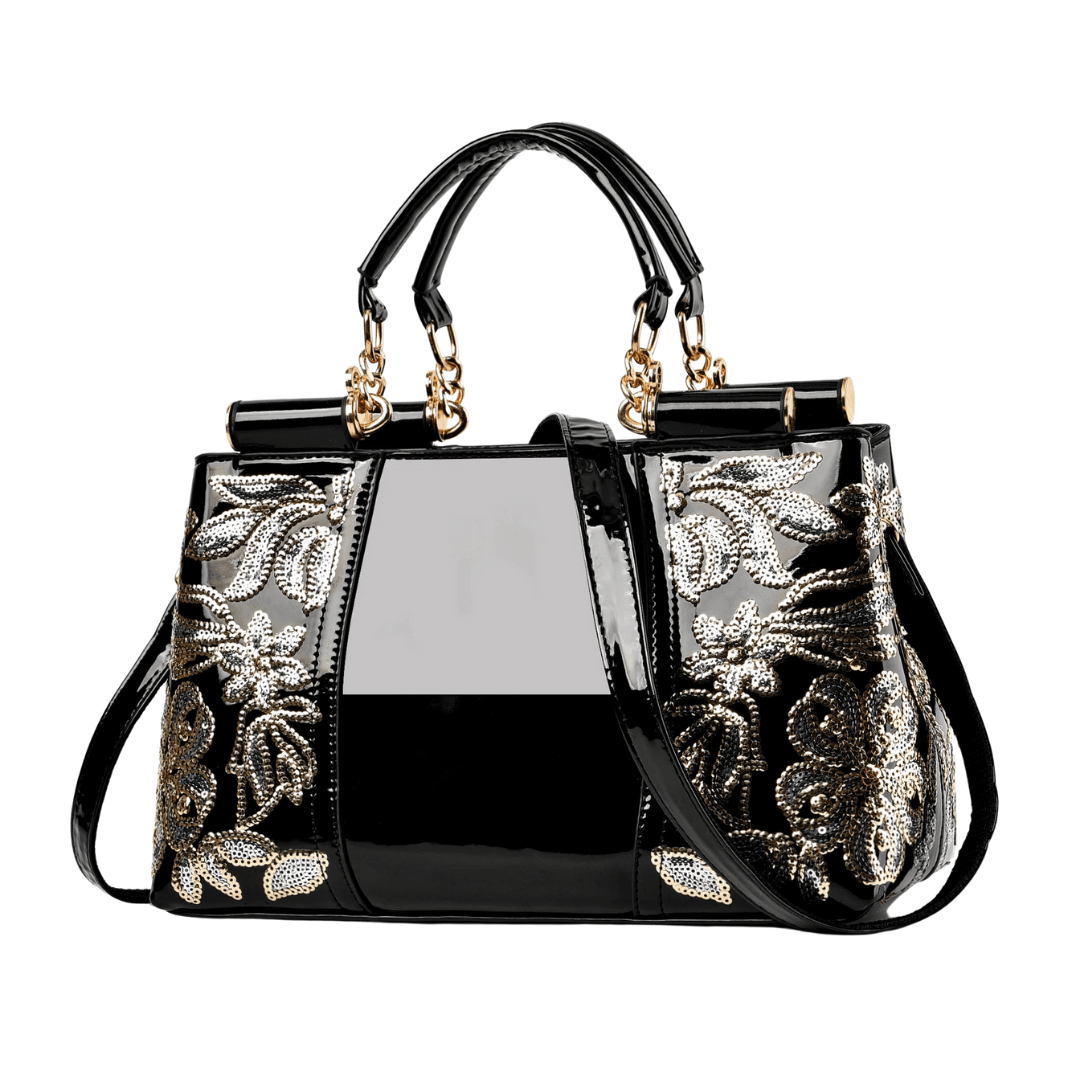 Elegant Patent Leather Women’s Handbag with Floral Embroidery – Luxury Large Capacity Shoulder Messenger Bag