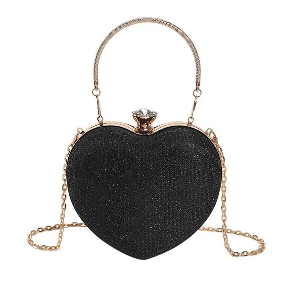 Heart-Shaped Evening Clutch Bag – Shiny Metal Crossbody Purse with Chain Strap for Women