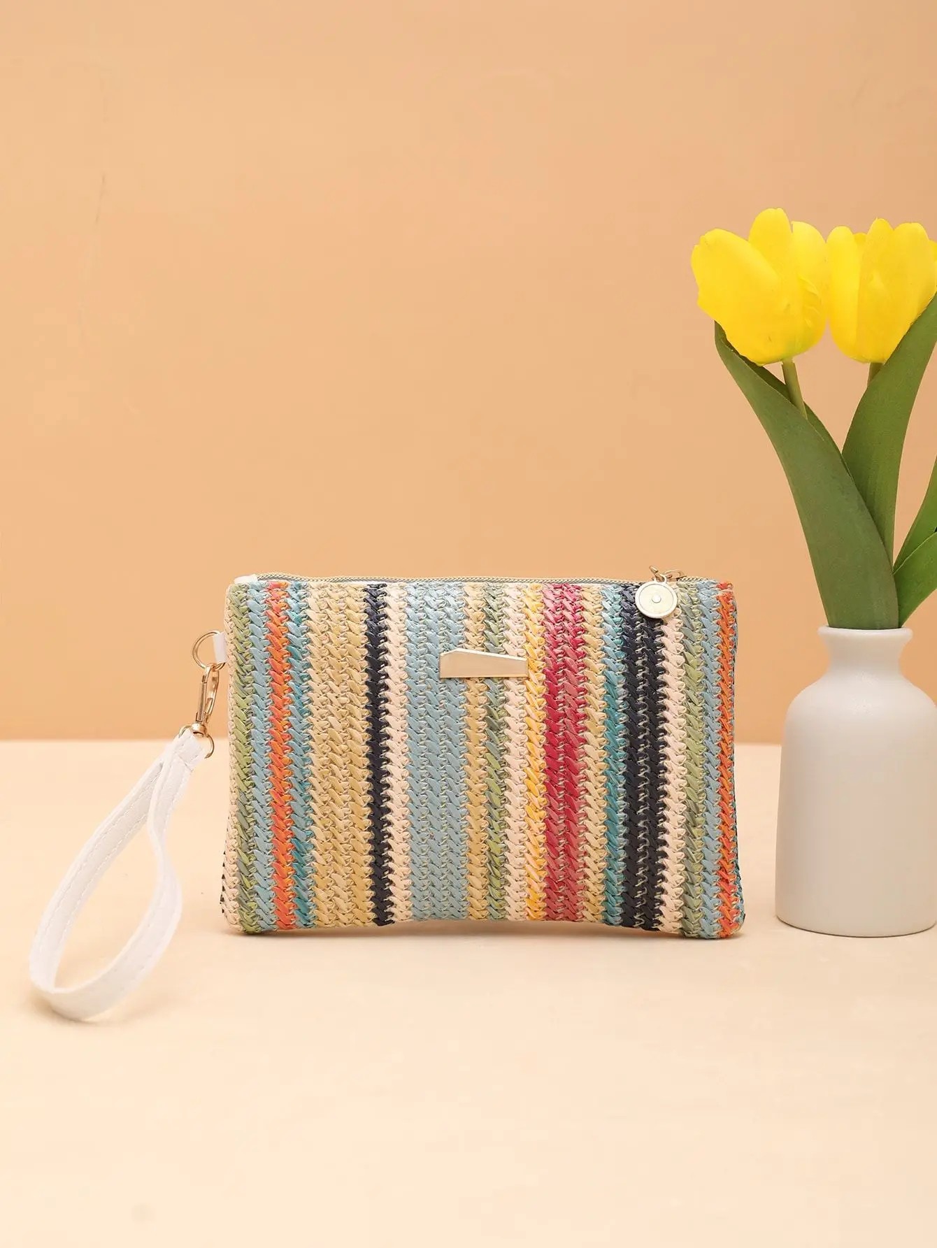 Colorful Summer Straw Clutch Bag | Handwoven Rattan Wristlet Purse for Women | Lightweight Woven Beach Bag