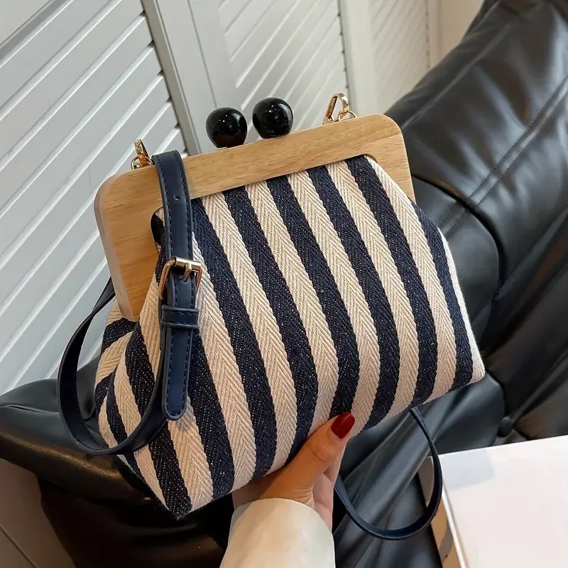 Vintage Striped Frame Clutch Bag - Chic Wooden Handle Crossbody Purse for Women